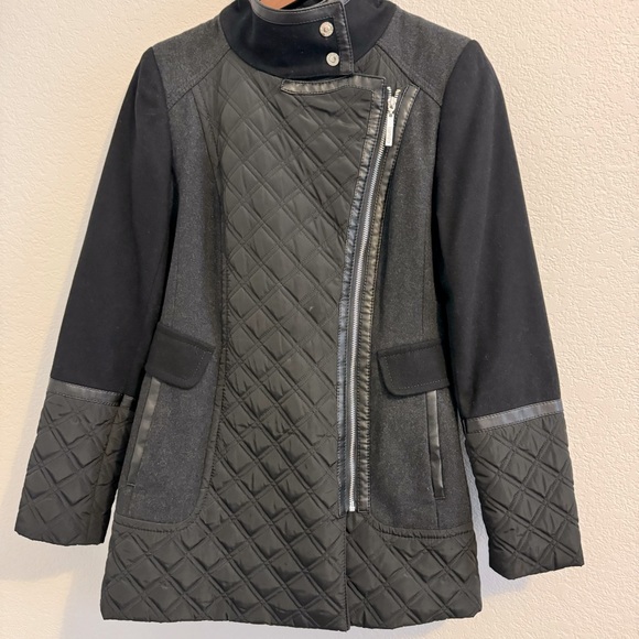 Kensie Women's Wool Blend Full Zip Overcoat Black Faux Leather Accent. S… - Picture 1 of 15